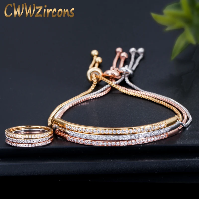CWWZircons, простые модные брендовые женские ювелирные изделия из розового золота, набор колец и браслетов из кубического циркония для женщин T332