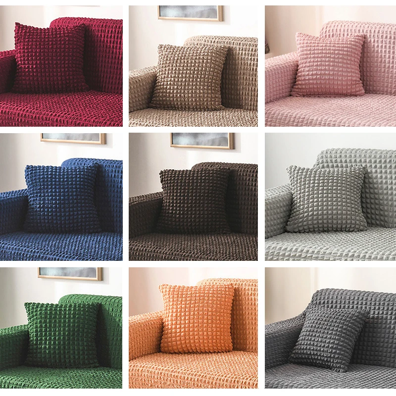 

Seersucker Cushion Cover For Sofa Home Living Room Solid Color Elastic Pillow Covers Decorative Pillowcase 45x45 cm