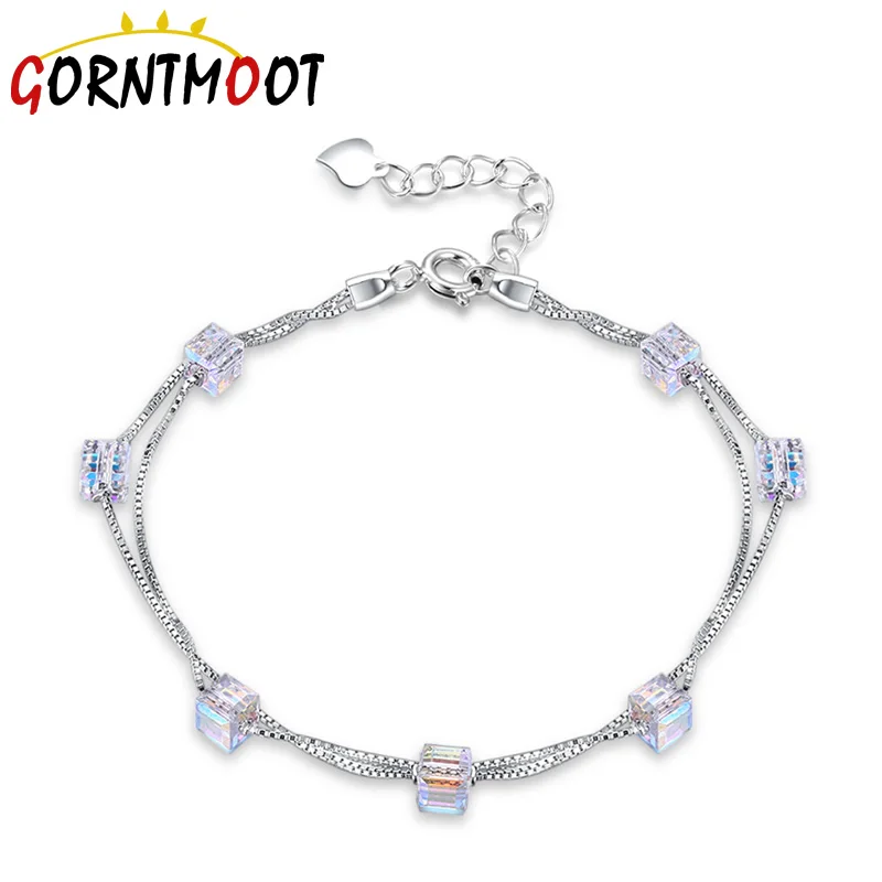 Sugar Cube Crystal Double Layer Bracelets Real 925 Sterling Silver Charm Fine Jewelry Romantic Accessories | Украшения и