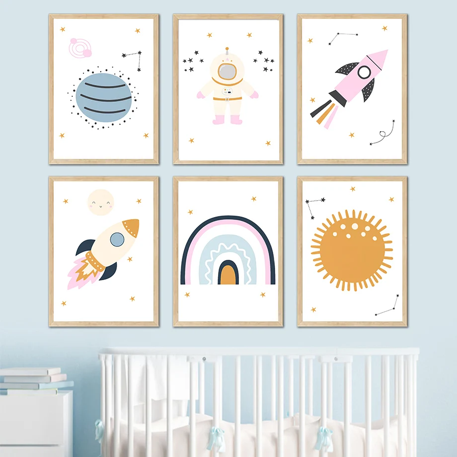 

Astronaut Rocket Sun Planet Rainbow Cartoon Wall Art Canvas Painting Nordic Posters And Prints Wall Pictures Children Room Decor