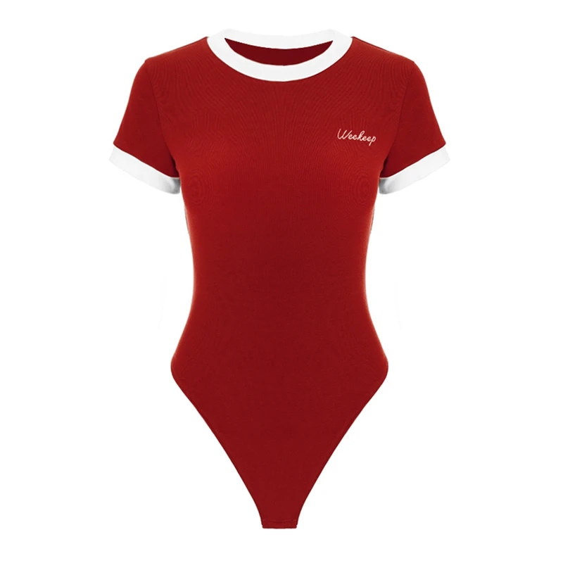 

Hot kf-Cotton Casual Short Sleeve Summer Bodysuit Women Letter Embroidery Contrast Color Rompers Womens Jumpsuit