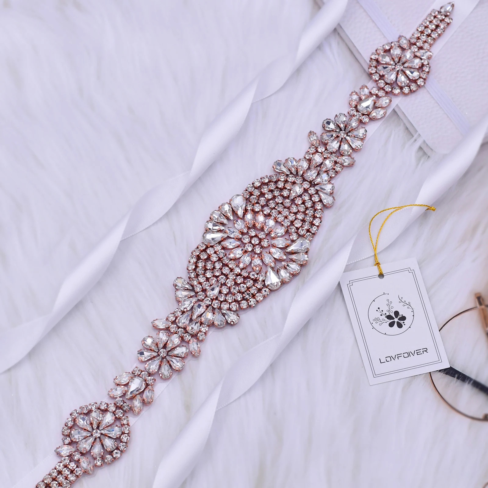 

LOVFOIVER Bridal Ribbon Rhinestone Belt Sash Prom Rose Gold Wedding Bride Dresses Belts for Women Banquet Bridesmaid Dress S123