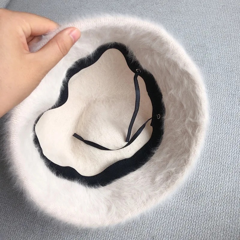 Solid Color Rabbit Fur Hat Bucket Cap Women's Autumn And Winter Fisherman's Hat Retro Knitted Wool Basin Hat Bucket Korean Hat