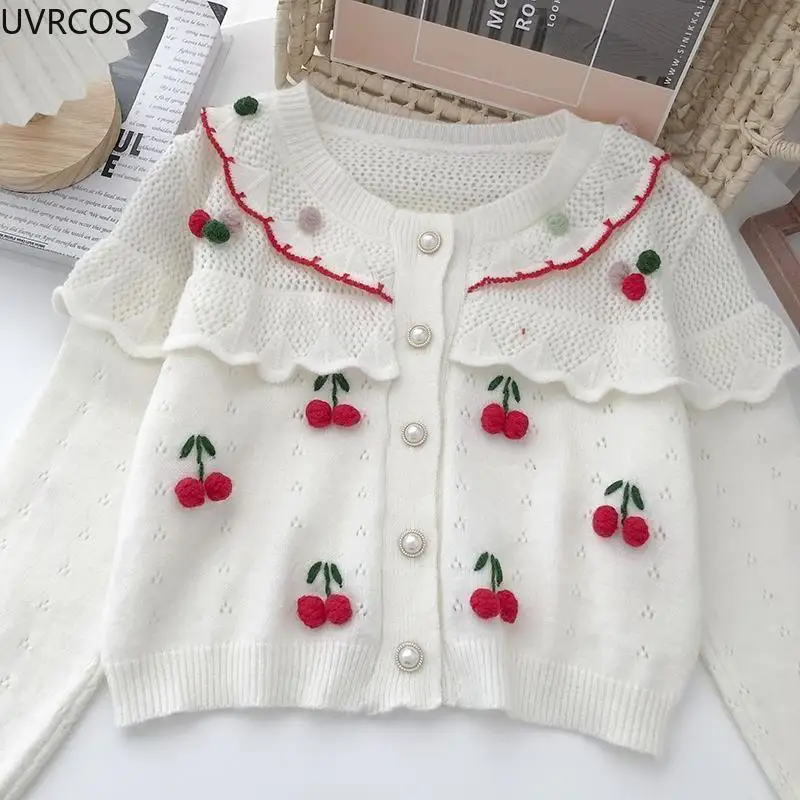 

Woman Sweet Cherry Print Sweater Autumn Fashion Hollow Out Knit Cardigan Female Brief Paragraph Long Sleeve Cute Lady Outerwear