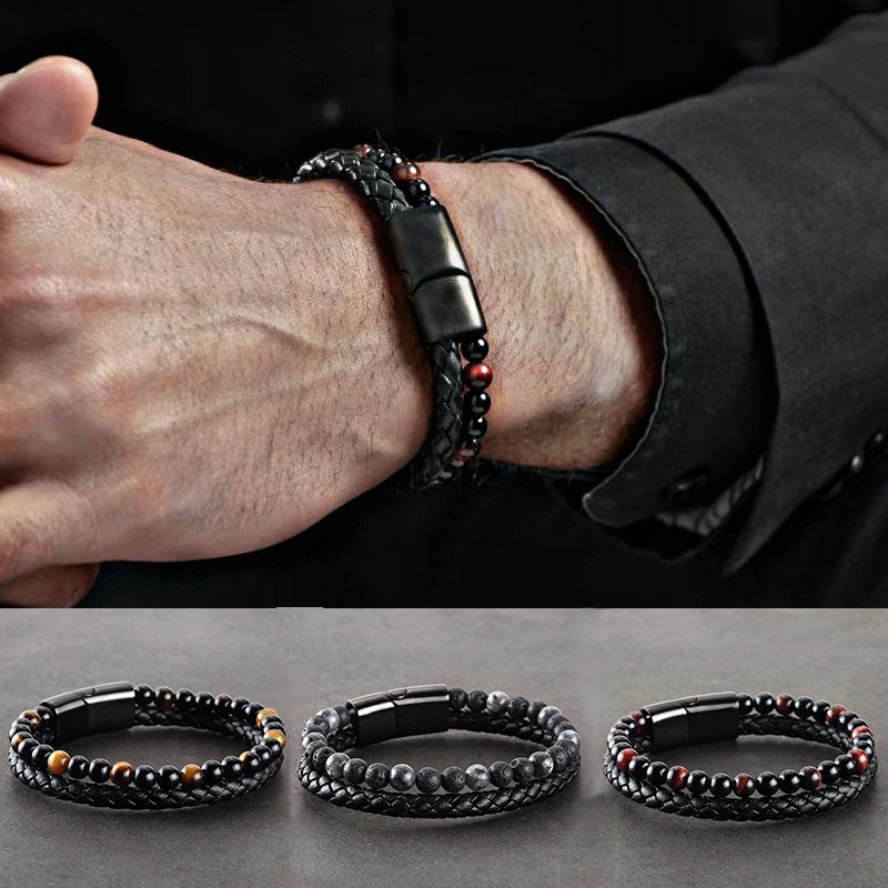 Браслет из натуральной кожи с бусинами тигровый глаз | Украшения и аксессуары