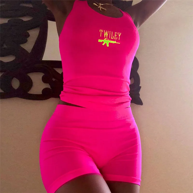 

Women Tracksuits Letter Embroidery Neon Color Streetwear Casual 2 Piece Set Crop Top+Shorts Sets 2020 Summer Fashion Clothing