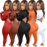 winter women jumpsuit backless hollow out stacked pleated solid color sporty long romper women jumpsuit overalls