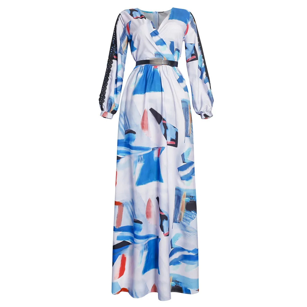 

2021 Summer Printing Lace Splicing Dress African Xxl Plus Women Long Maxi Dresses Robe High Waist V-neck Elegant Maxi Dresses