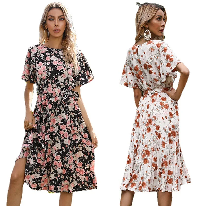 

Bikoles 2021 Summer New Fashion Casual O Neck Short Sleeve Empire Lady Print Midi Dress Belt Bow Buttons Hollow Out Ruffle Women