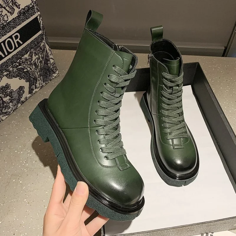 

Women's Boots Autumn and Winter New Thick-soled Mid-tube Boots All-match Zipper Lace-up Motorcycle Boots Winter Boots Women