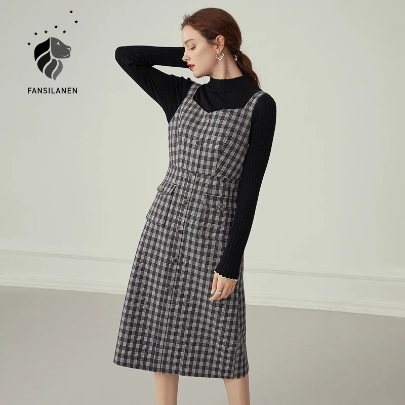 

FANSILANEN Sleeveless Vintage Plaid Long Dress Women Elegant Slim Office Black Dress Autumn Winter Casaul French Female Dress