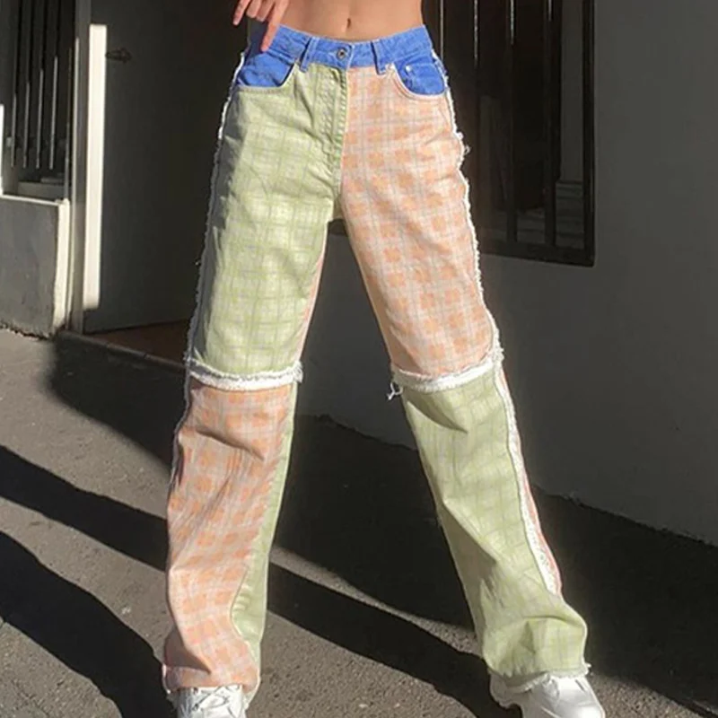 

Women's Stitched Vintage Patchwork Panelled Jeans Fashion Streetwear Casual Straight Checkered Pattern Design Long Denim Pants