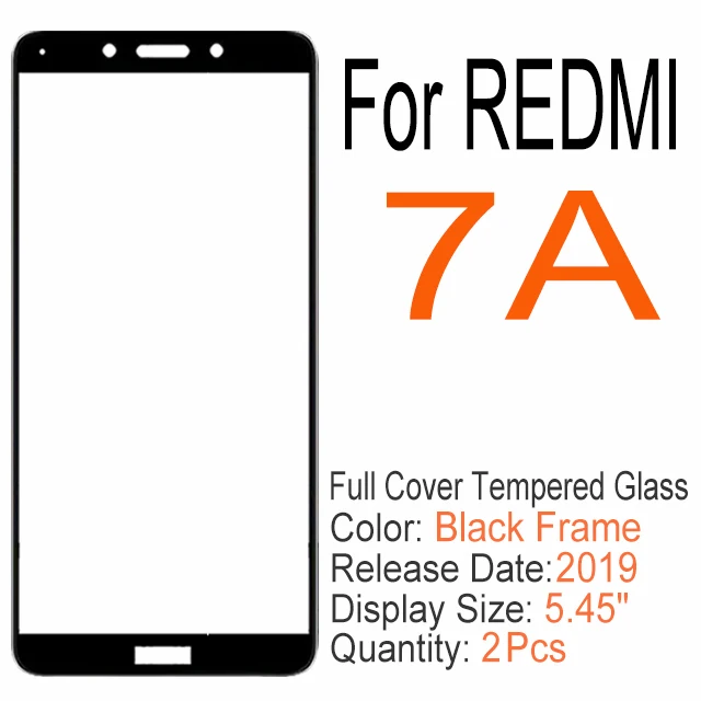 RedMi 7A Black 2 шт полное покрытие из закаленного стекла для Xiaomi redmi 6 6A 7 7A K20 Note 6 7 Pro, Защитное стекло для экрана для redmi S2 GO Y3 - Цвет: RedMi 7A Black
