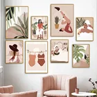 Винтаж Девушка Йога зеленые листья растения Бохо настенная живопись холст скандинавские плакаты и принты настенные картинки для декора гостиной