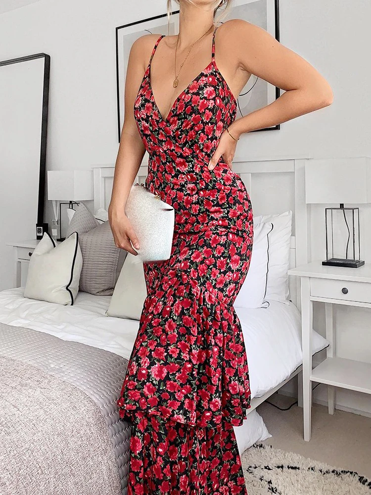 

2021 women Y2K Sexy Sleeveless Print Ruffle Hem Maxi Vestidos Robe Slim Evening Party Floral Dress