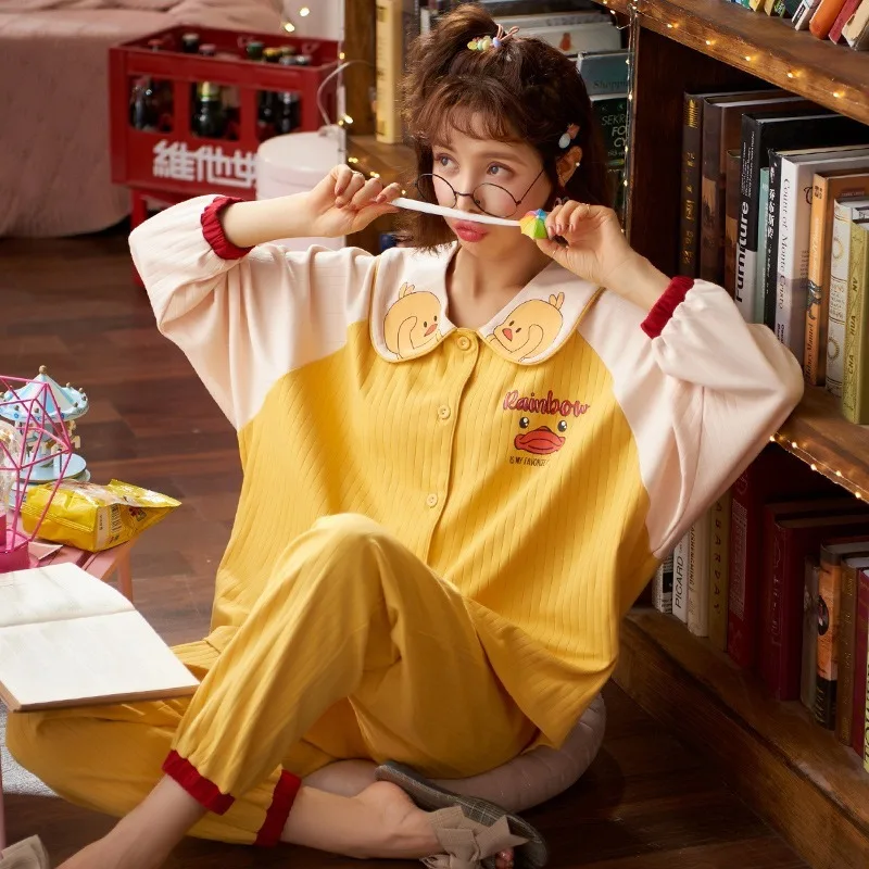 

Spring and Autumn Pure Cotton Pajamas Suit Female Cute Cartoon Little Yellow Duck Long-sleeved Plus Size Can Wear Home Clothes