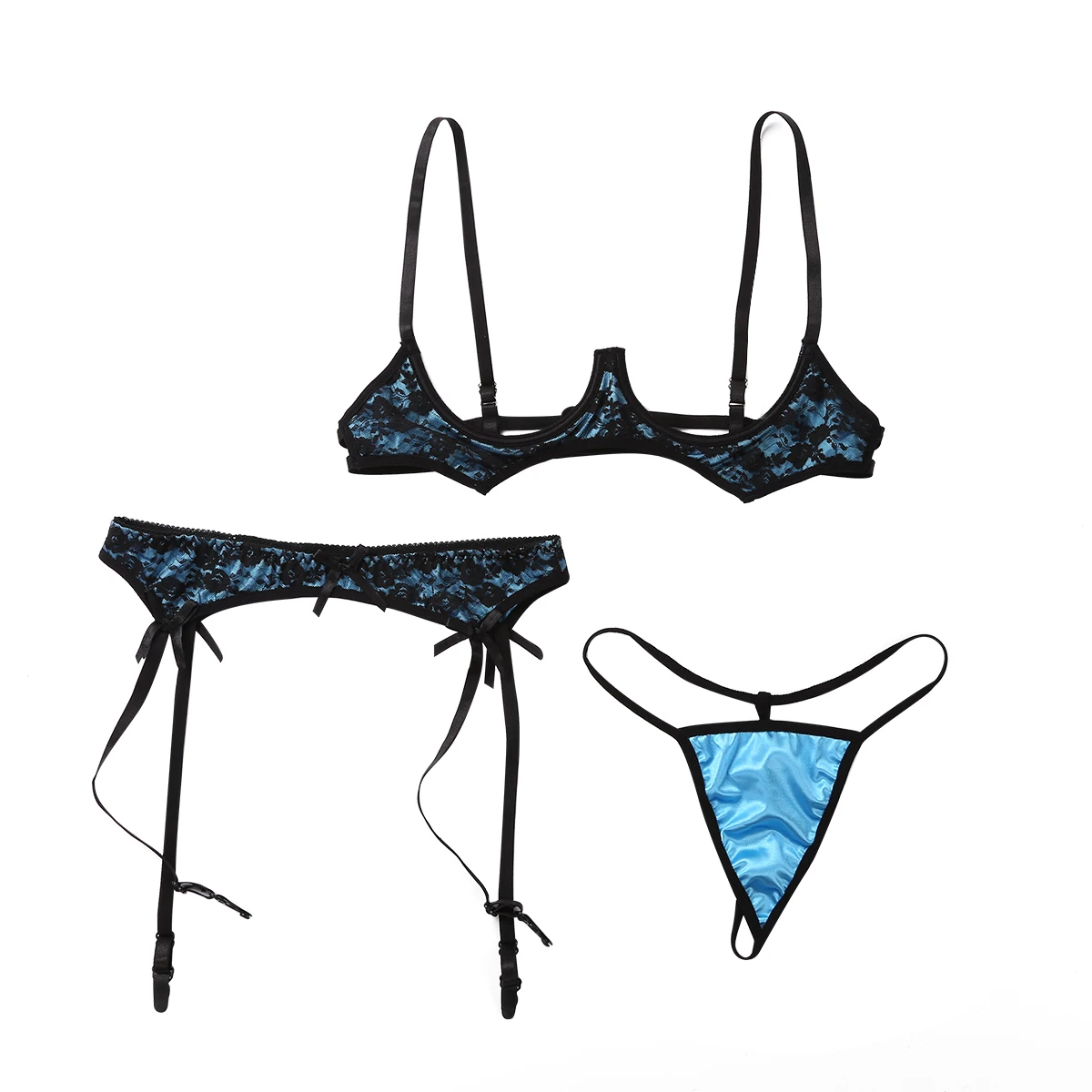 

Womens Erotic Floral Lace Lingerie Nightwear Set Open Cups Underwired Bra Top with Garter Belt and G-String Briefs Sleepwear Set