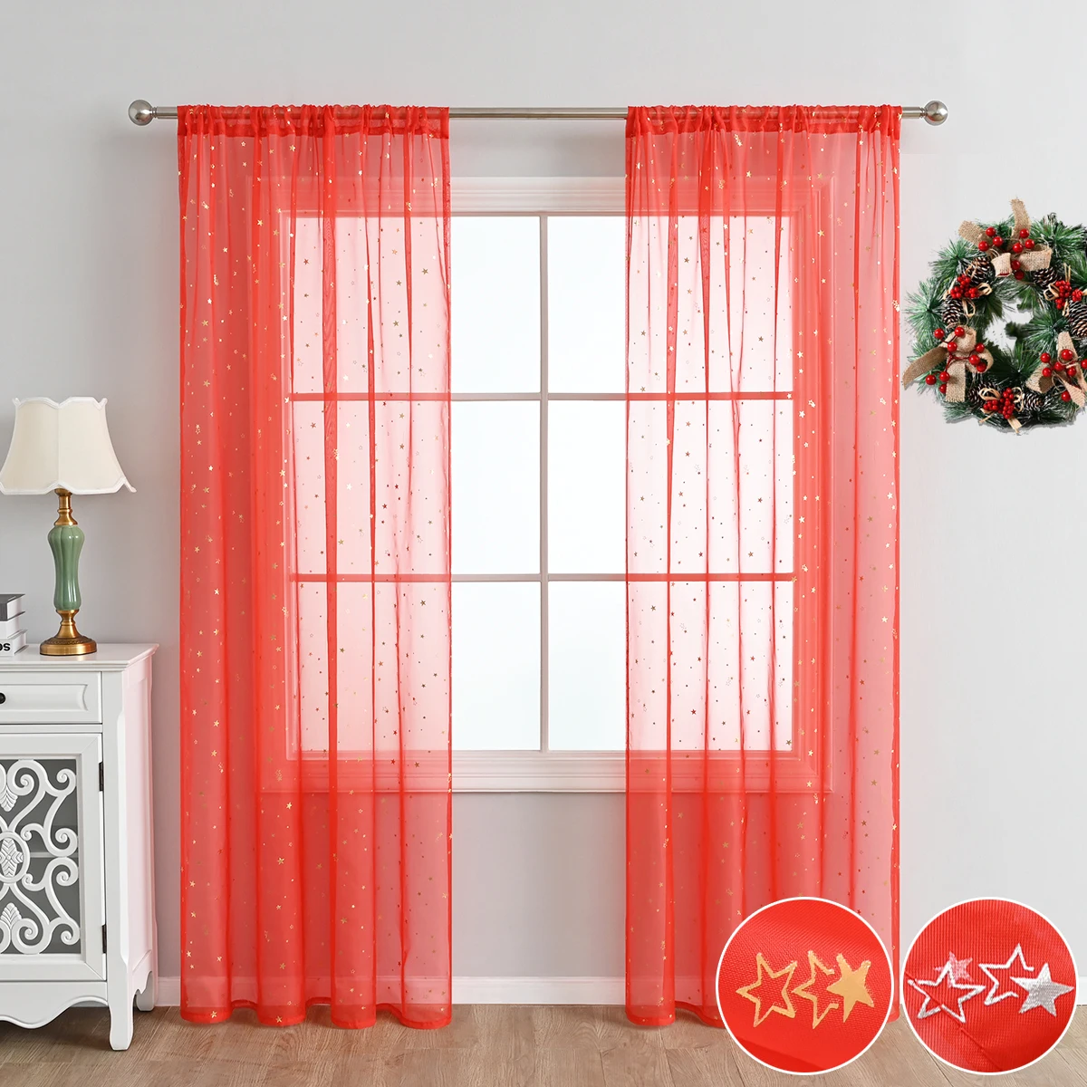 

Star Print Sheer Curtains For Living Room Rod Pocket Tulle Curtain Voile Semi Sheer Drapes Christmas Hotel Restaurant Decoration
