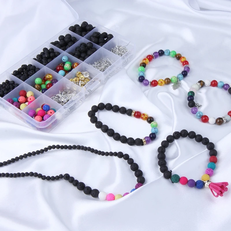 

Black Colored Lava Beads Kit with 8mm Chakra Beads Alloy Spacer Beads Bracelet Elastic Strings for Homemade Jewelry