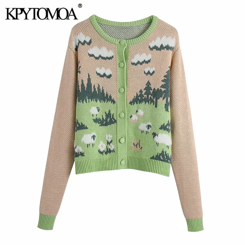 

KPYTOMOA Women Fashion Covered Buttons Animal Knit Cardigan Sweater Vintage O Neck Long Sleeve Female Outerwear Chic Tops