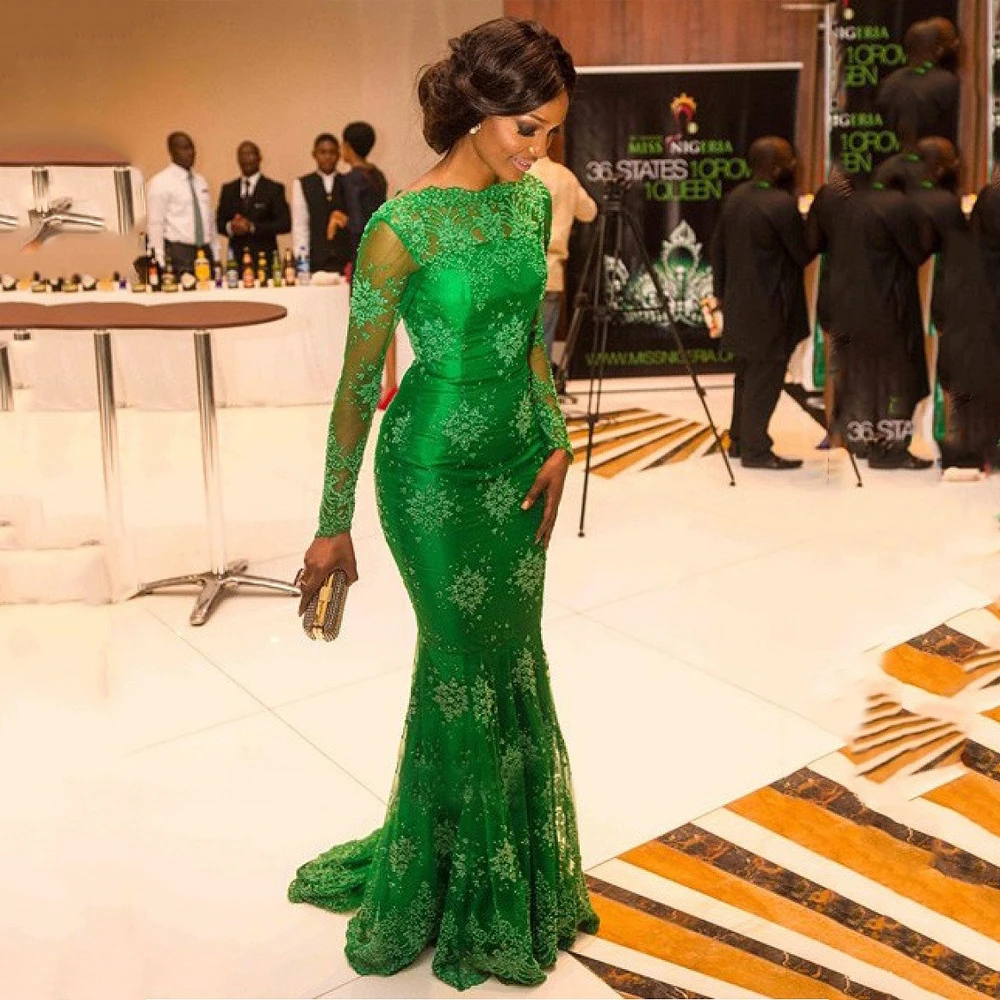 

Fashion Cheap Green Lace Mermaid Evening Dresses O Neck Long Sleeves Sweep Train Vintage Lace Prom Dress Formal Gowns