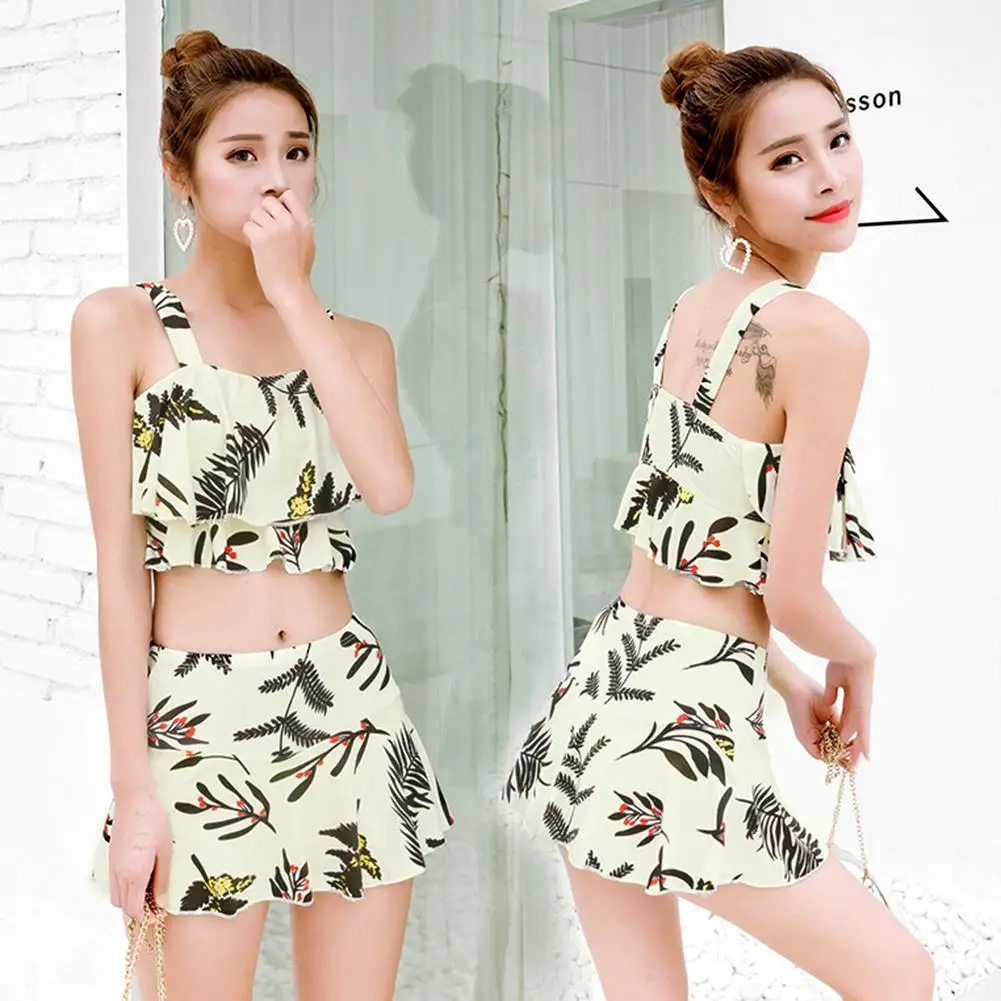 

Women Leaf Print Ruffled Hem Crop Top Camisole Mini Skirt Bikini Set Swimwear 2020