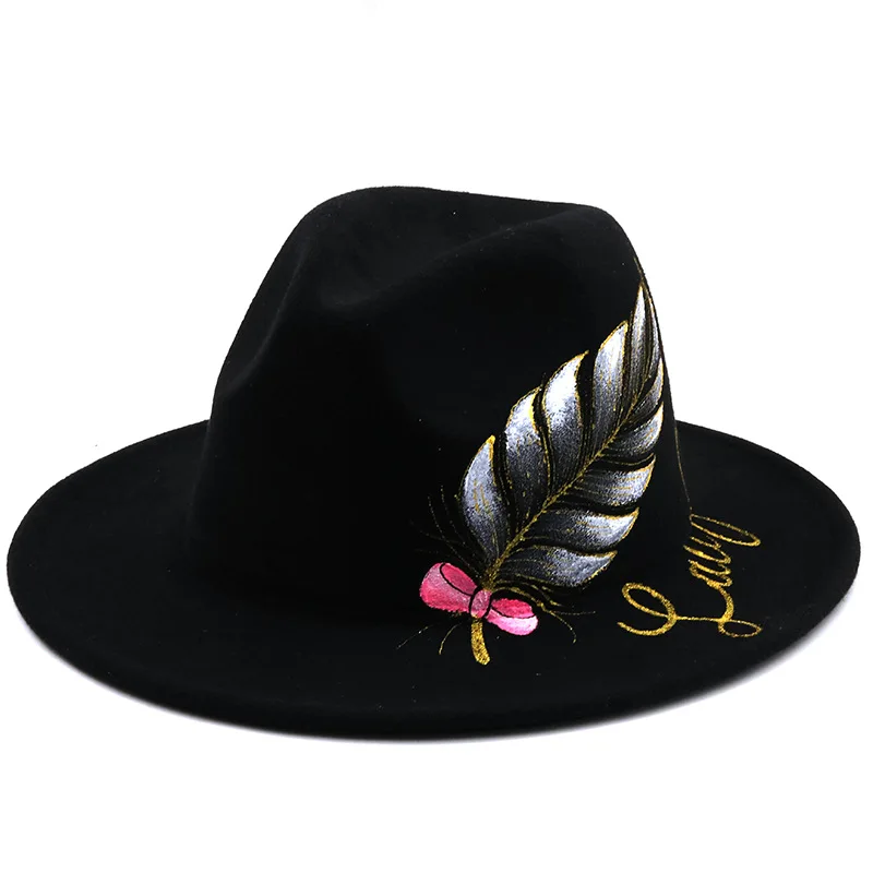 

Men's Cashmere Fedoras Male Hand-painted Butterfly Flat Brim Top Hat Jazz Hat Couple Woolen Top Hat for Men Women Bucket Hat