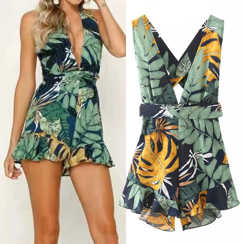 

WESAY JESI Jumpsuit Women Summer 2021 Bohemian Woman Clothes Sleeveless Sexy Cross Back Short Playsuit Backless Vacation Female