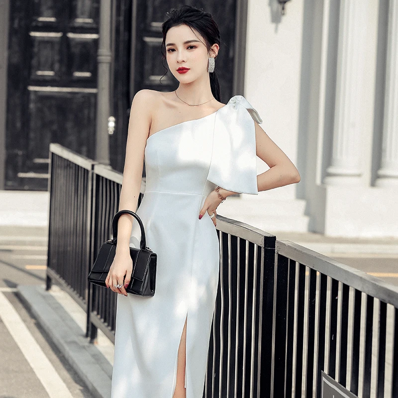

Bodycon Dress For Women Summer One Shoulder Sleeveless Midi Party Sexy Long Dresses OL White Solid Slim Spliet Vestdios