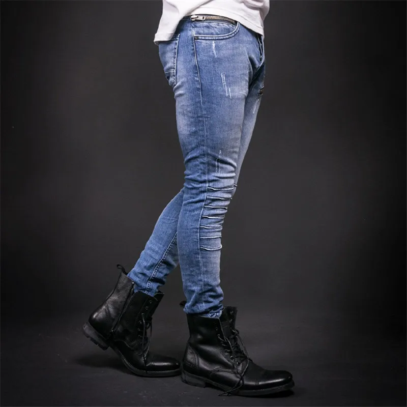 Модные мужские рваные обтягивающие джинсы на молнии Стрейчевые облегающие брюки