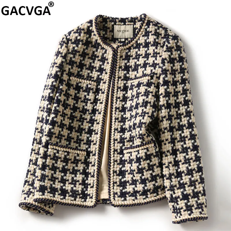 GACVGA 2023 Elegant Weave Plaid Women Blazer With Pocket And Lining Autumn Winter Causal Tweed Coat Office Ladies Suit Jacket