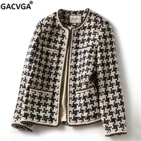 gacvga 2021 elegant weave plaid women blazer with pocket and lining autumn winter causal tweed coat office ladies suit jacket