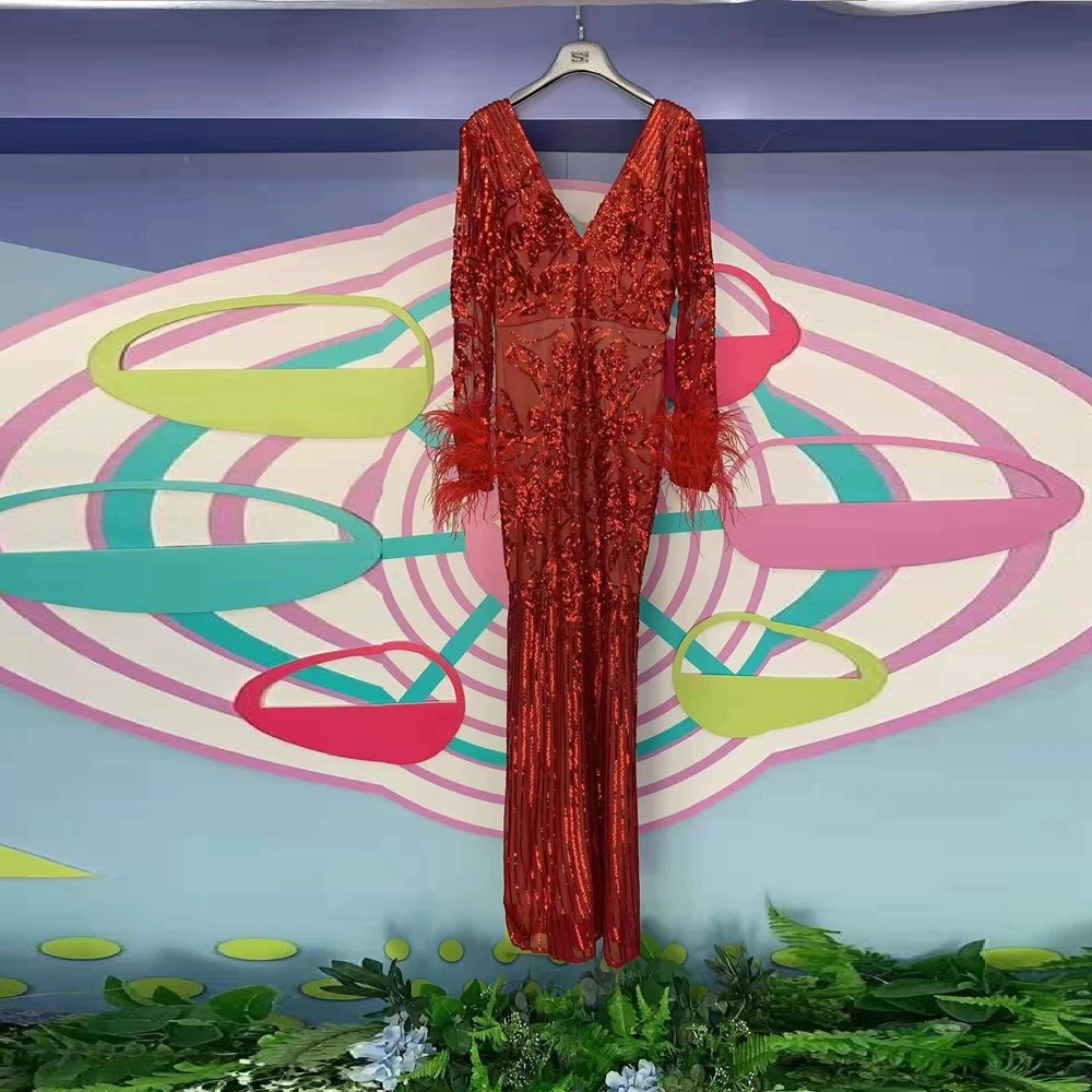 

2019 Fashion Eelgant Women Sequin Dress Red Long Sleeve Feathers Long maxi Eevning Celebrity party vestidos Wholesale Dropship