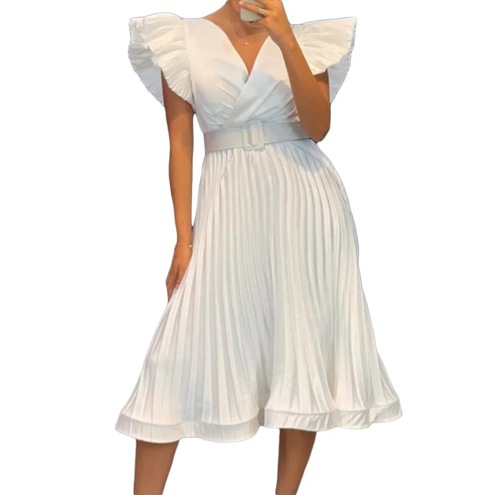

Fashion Sexy Flying Sleeve Dresses Women Folds V Neck Belt Short Sleeve Dresses for Women Donsignet