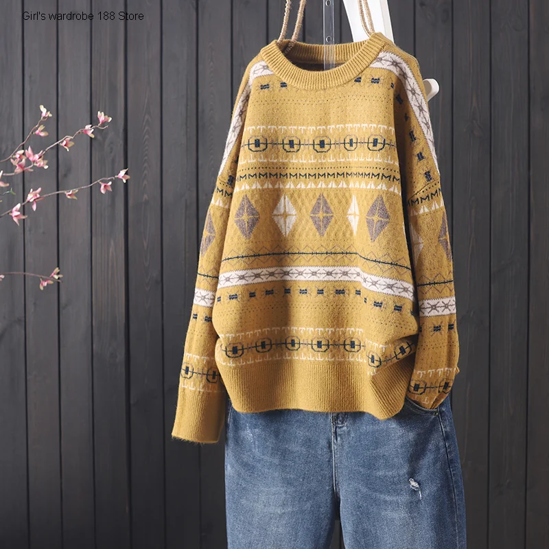 

New loose and versatile core spun yarn knitted sweater for women's wear round neck long sleeve jacquard sweater
