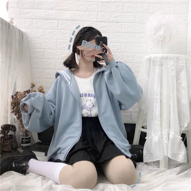 Fog blue Зима Kawaii милые девушки негабаритных балахон мягкая сестра матросский воротник толстовка женская японская верхняя одежда на молнии пальто черный синий - Цвет: Fog blue