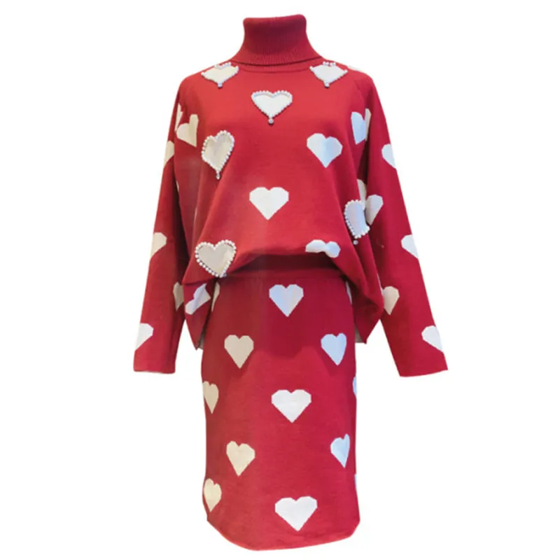 

2020 New Autumn Winter Fashion Knit Two-piece Set Sweet Korean High-necked Love Beaded Loose Sweater+High Waist Skirt Set