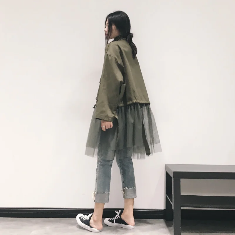 

SuperAen 2022 Spring New Jackets Women Stand Collar Mesh Patchwork Casual Ladies Jackets Long Sleeve Coats and Jackets Women