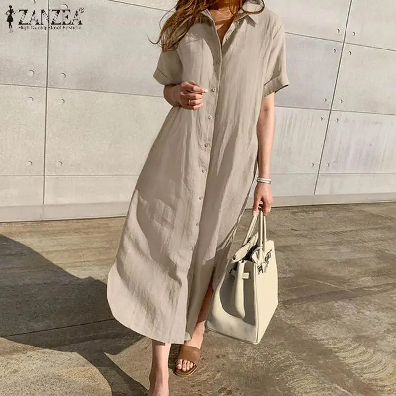 

ZANZEA Elegant Shirt Dress Women Summer Sundress Fashion Lapel Neck Short Sleeve Solid Work Vestidos Kaftan Casual Buttons Dress