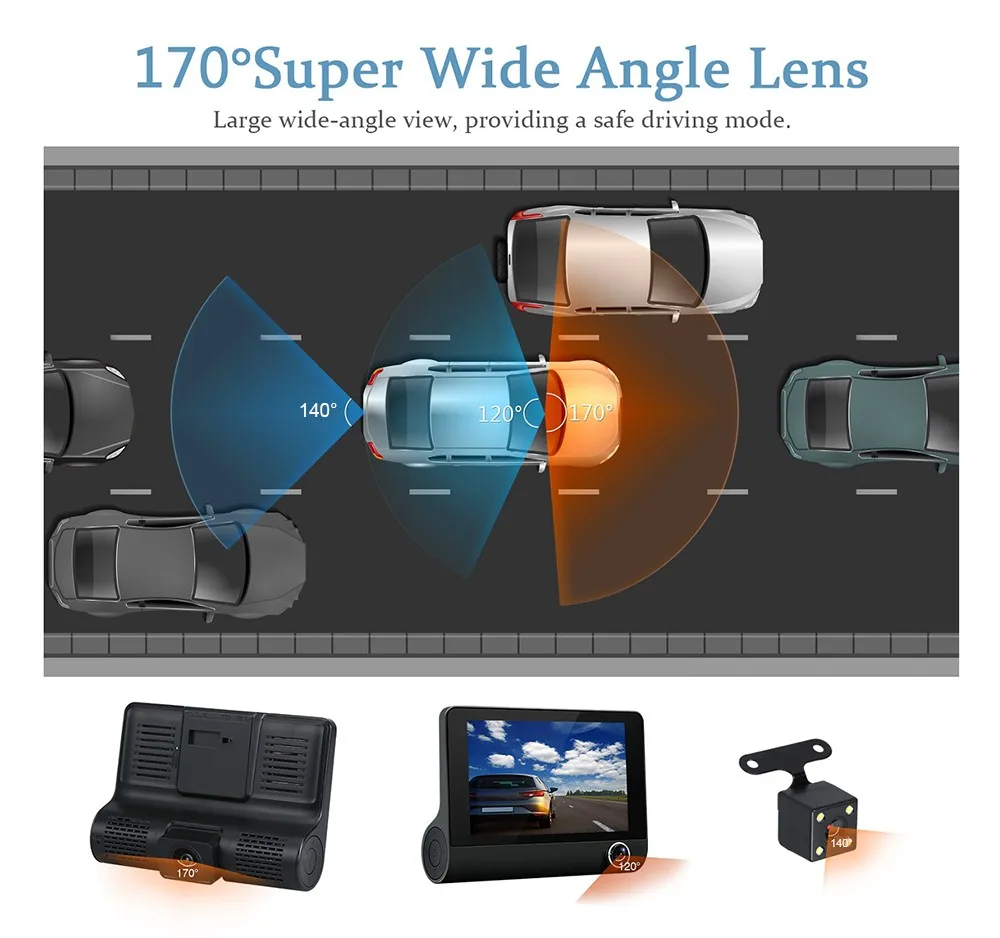 4 дюйма Автомобильный видеорегистратор три объектив HD 1080P Dash Cam ночного видения