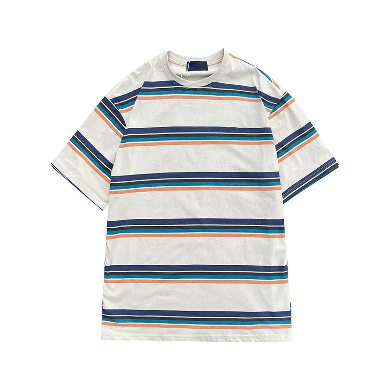 

Summer Cotton T-shirt Men's Fashion Casual Striped T Shirt Men Streetwear Korean Loose Short-sleeved Tshirt Mens Tops M-2XL