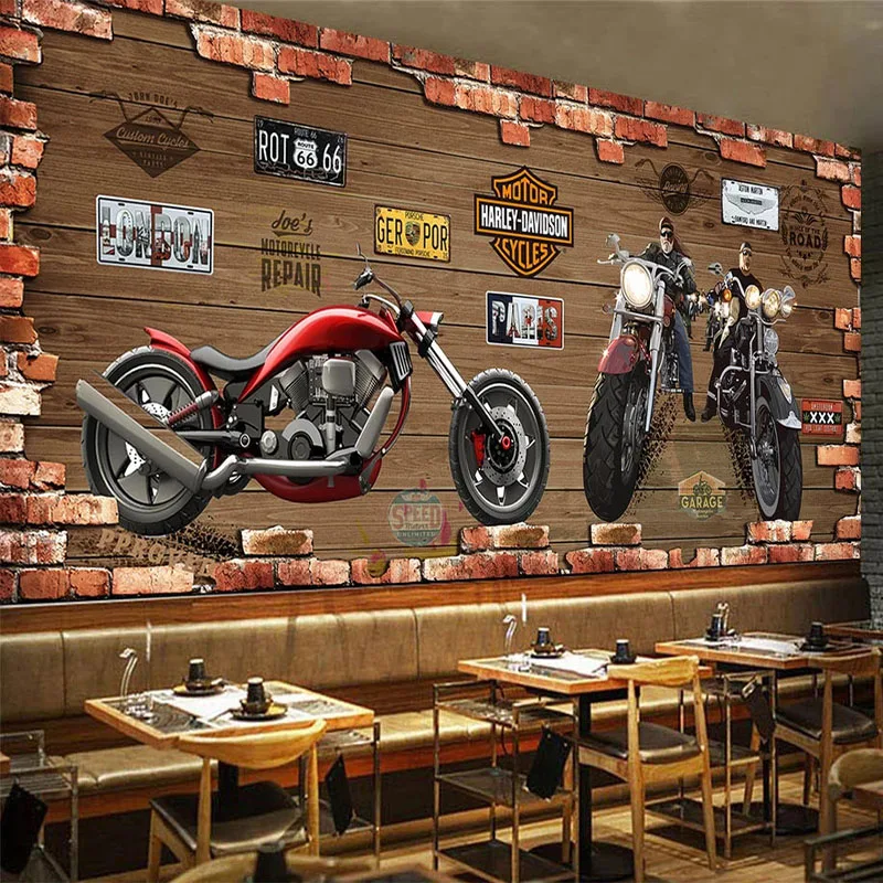 

Custom Any Size 3D Mural Wallpaper Retro Motorcycle Nostalgic Brick Wall Frescoes Restaurant Cafe KTV Bar Backdrop Wall Covering