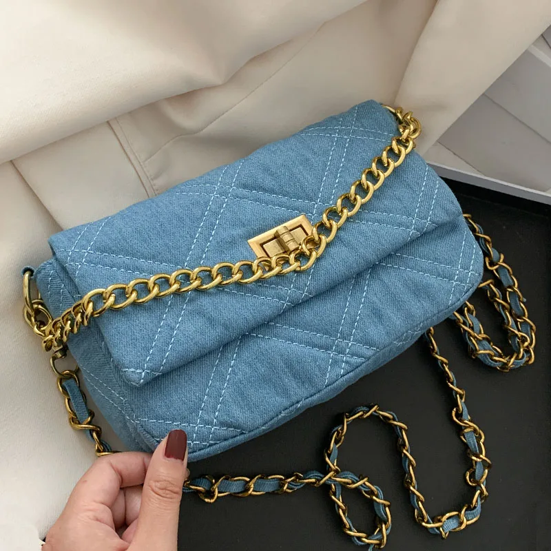 

Women Bag Classic Flap bag Blue Denim Shoulder Handbags Chain Messenger Bags For Women 2021 Fashion Shoulder Purse Female Hobos
