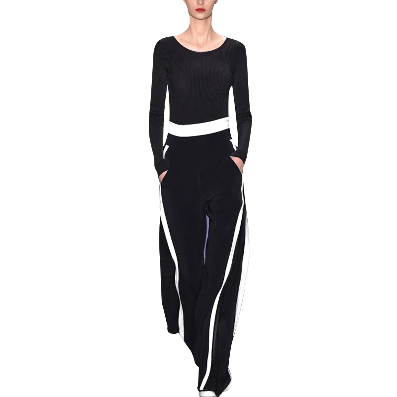 TWOTWINSTYLE комплект из двух предметов для женщин с круглым вырезом и длинными рукавами футболки Высокая талия хит цвет брюки женский костюм осень мода новинка