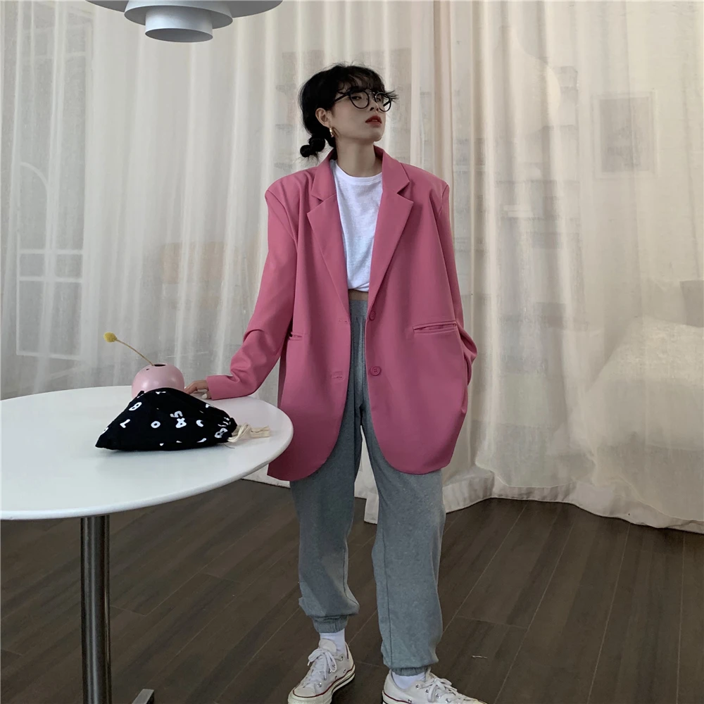 

2021 Chic Loose Light Pink Women Blazer Autumn Single Buttons Female Suit Jacket Full Sleeve Outwear Blazer Femme
