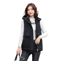 2021 autumn short casual hooded stand collar vest women clothing winter fur lining thick warm female waistcoat jacket