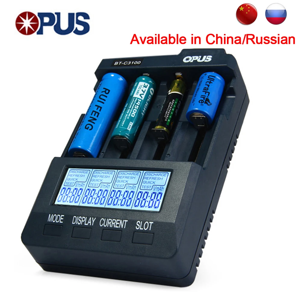 Opus BT-C3100 V2.2 умный цифровой Интеллектуальный 4 слота ЖК-дисплей Универсальное зарядное устройство для Li-Ion NiCd NiMh батареи EU US