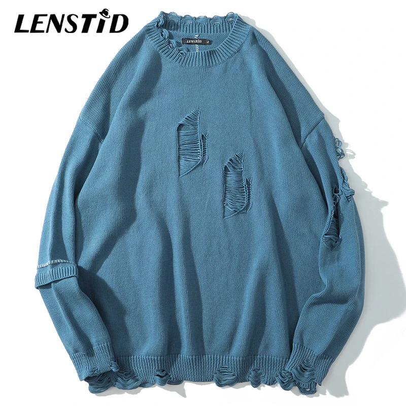 Вязаный джемпер LENSTID мужской в стиле хип-хоп свитер с рваными отверстиями
