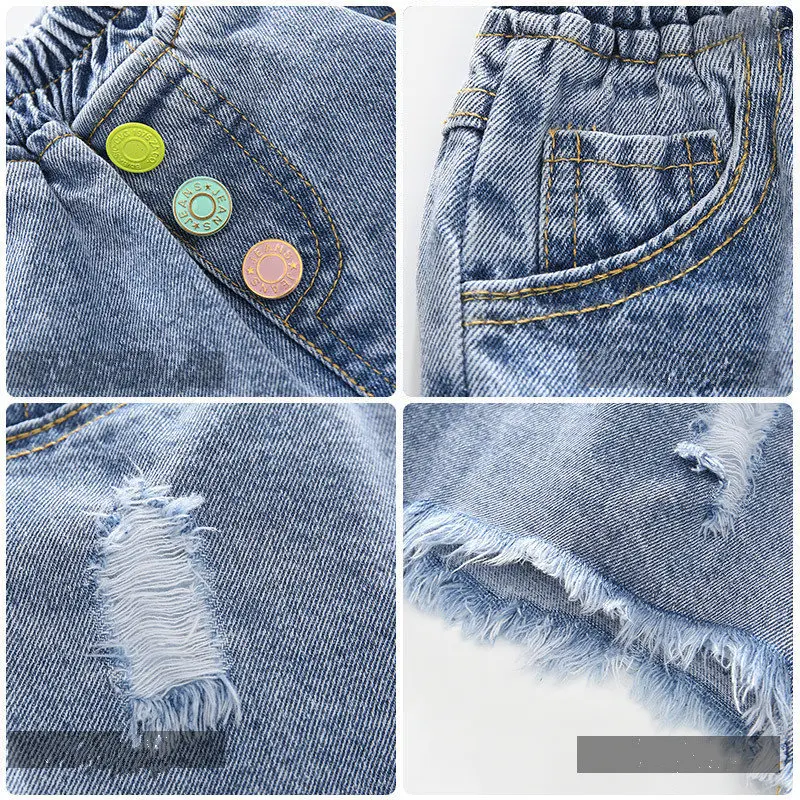 

New Arrivals Girls Shorts With Rainbow Button Ripped Hole Korean Style Cotton Kids Clothes School Casual Destroyed Denim Shorts