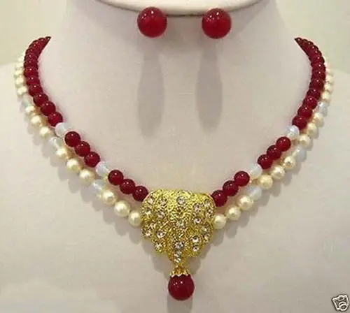 Jewelry 00119 2 row red stone white pearl wedding necklace pendant earring set (A0423) | Украшения и аксессуары